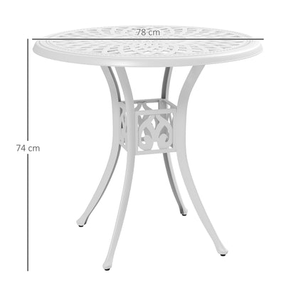 White round garden table, 78 cm wide and 74 cm high, with decorative openwork top