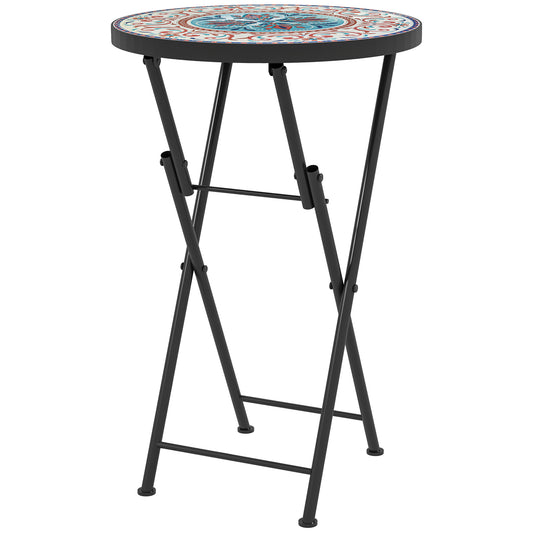 Photo of Outsunny Mosaic Outdoor Garden Table, 35.5cm Round Folding Coffee Table with Metal Frame for Balcony Terrace, Multicolour in Multicolour colour on a white background