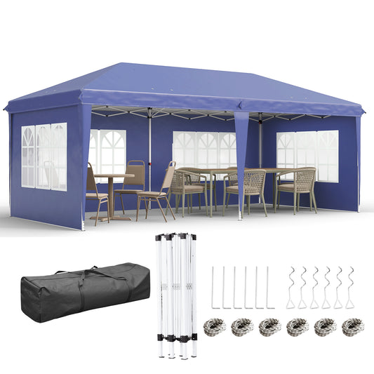 Blue pop-up gazebo with windowed sidewalls, steel frame, dining set, stakes, ropes and carry bag