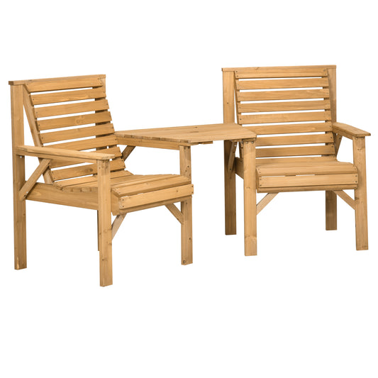 Photo of Outsunny Wooden Garden Love Seat, 2 Seater Jack & Jill Companion Seat with Coffee Table and Parasol Hole, Partner Bench, Table and Chairs Set, Outdoor Furniture for Garden, Balcony, Patio, Brown in Brown colour on a white background
