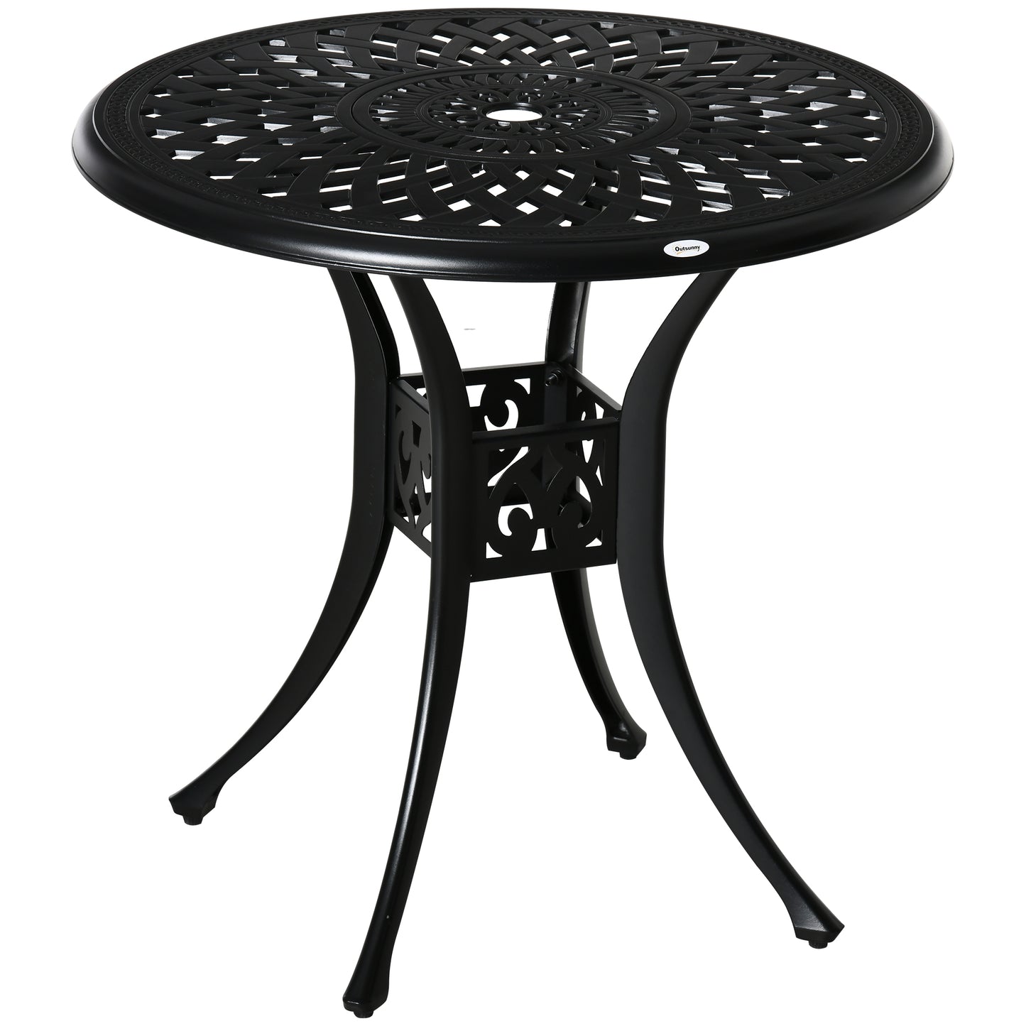 Photo of Outsunny 78 cm Round Garden Dining Table with Parasol Hole Antique Cast Aluminium Outdoor Table Only, Black in Black colour on a white background