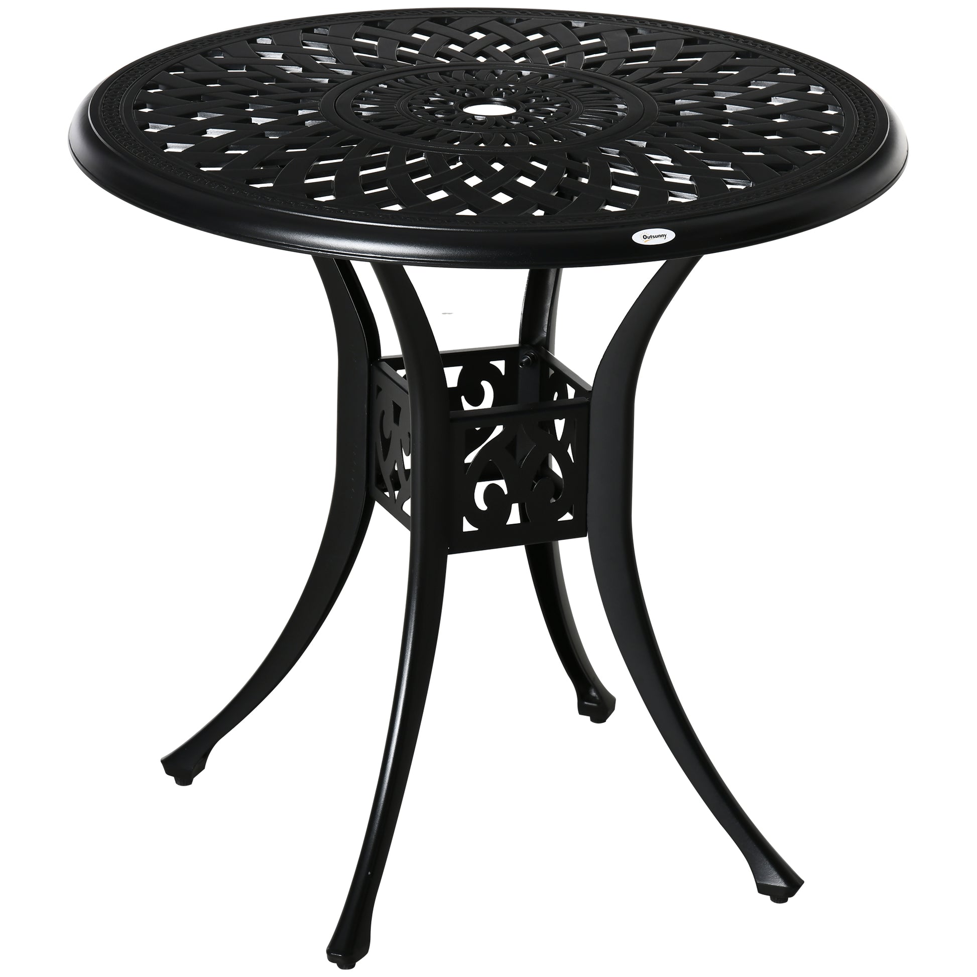 Photo of Outsunny 78 cm Round Garden Dining Table with Parasol Hole Antique Cast Aluminium Outdoor Table Only, Black in Black colour on a white background