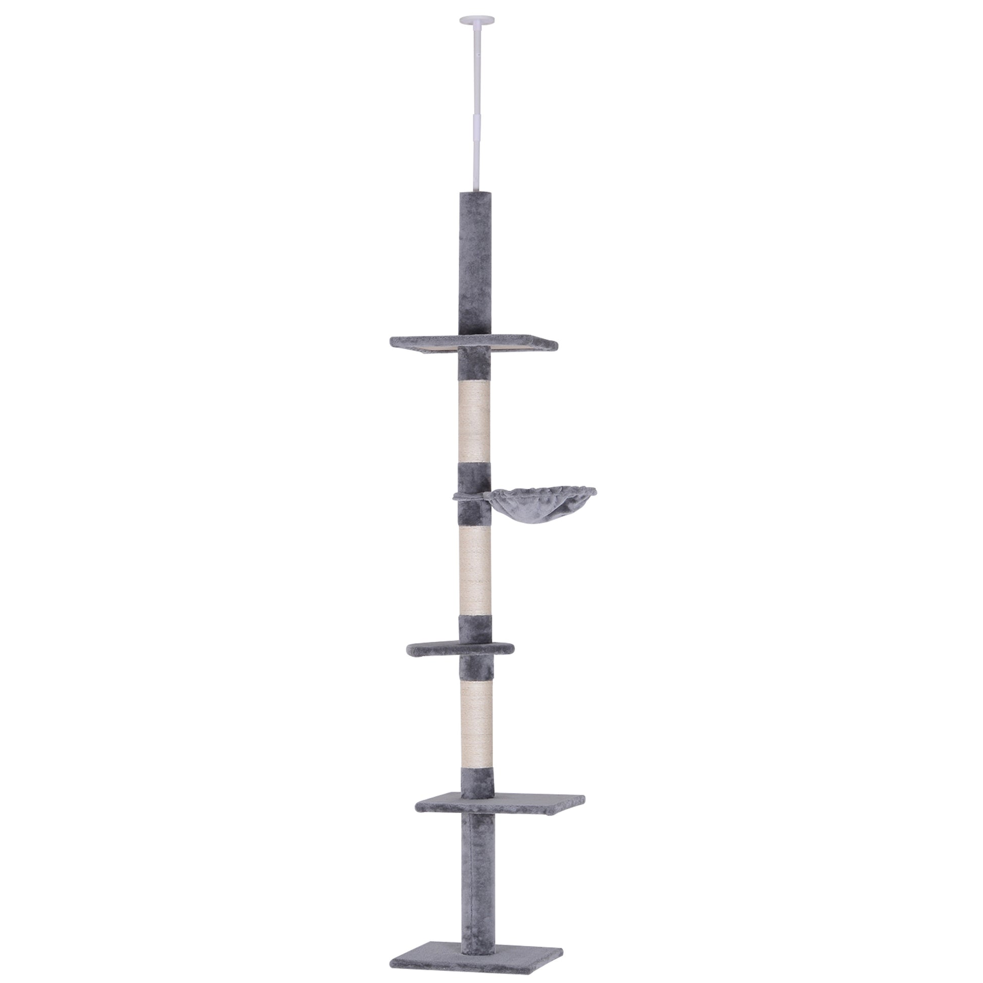 Photo of PawHut Floor to Ceiling Cat Tree 230-260cm Height Adjustable, 5-Tier Cat Tower with Scratching Posts, Hammock, Perches, Climbing Activity Centre for Indoor Kittens Playing and Relaxing, Grey in Grey colour on a white background