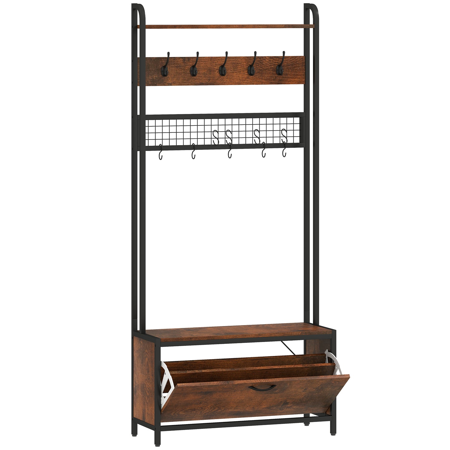 Photo of HOMCOM 5-In-1 Industrial-Style Hallway Tree - Brown/Black in Brown/Black colour on a white background