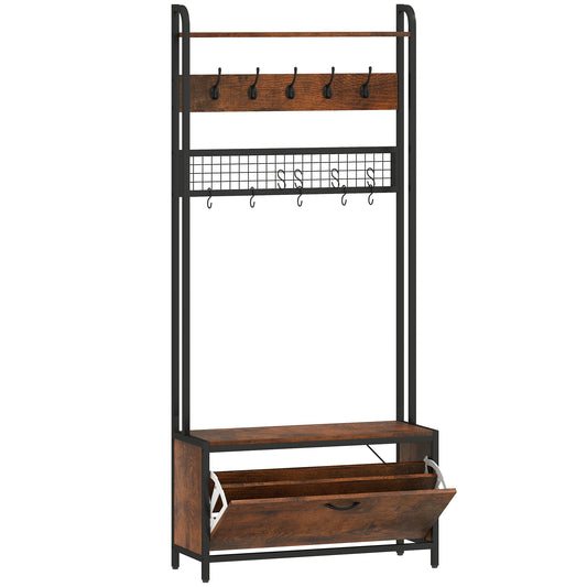 Photo of HOMCOM 5-In-1 Industrial-Style Hallway Tree - Brown/Black in Brown/Black colour on a white background