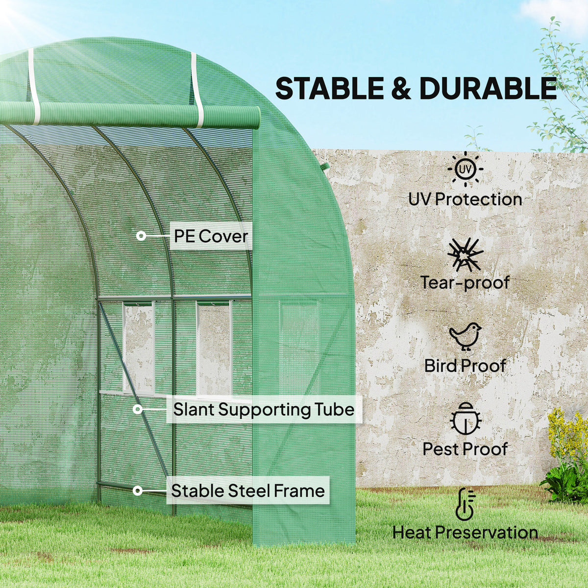 Green polytunnel greenhouse showing its PE cover, steel frame and slant support tubes