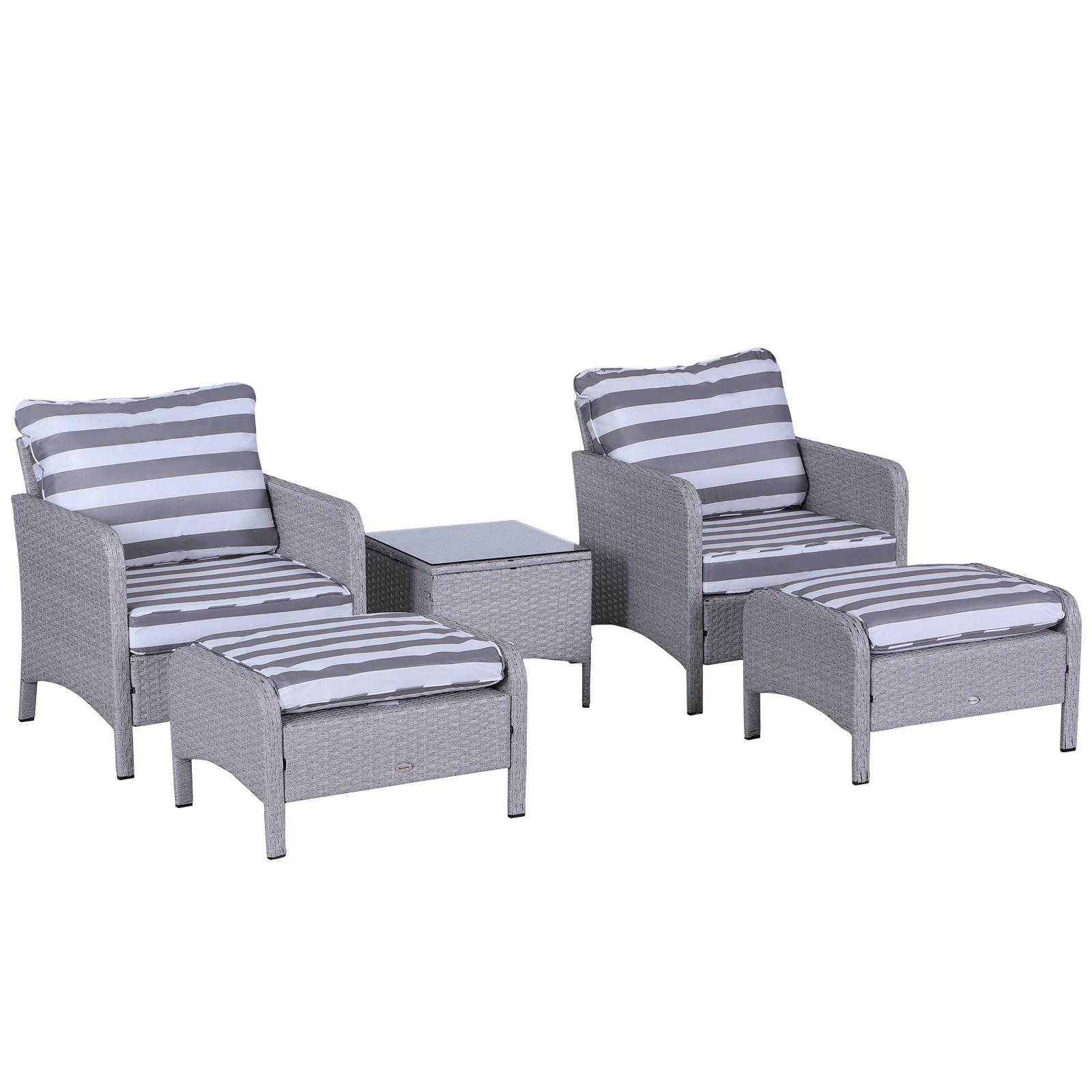 Photo of Outsunny 5 Pieces PE Rattan Garden Furniture Set with 10cm Thick Padded Cushions, Wicker Weave Outdoor Seating Chairs with 2 Armchairs, 2 Stools, Glass Top Table, Grey and White in White colour on a white background