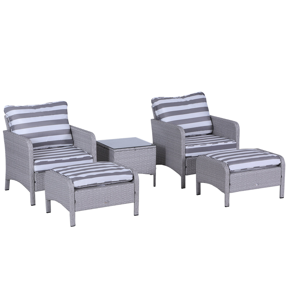 Photo of Outsunny 5 Pieces PE Rattan Garden Furniture Set with 10cm Thick Padded Cushions, Wicker Weave Outdoor Seating Chairs with 2 Armchairs, 2 Stools, Glass Top Table, Grey and White in White colour on a white background