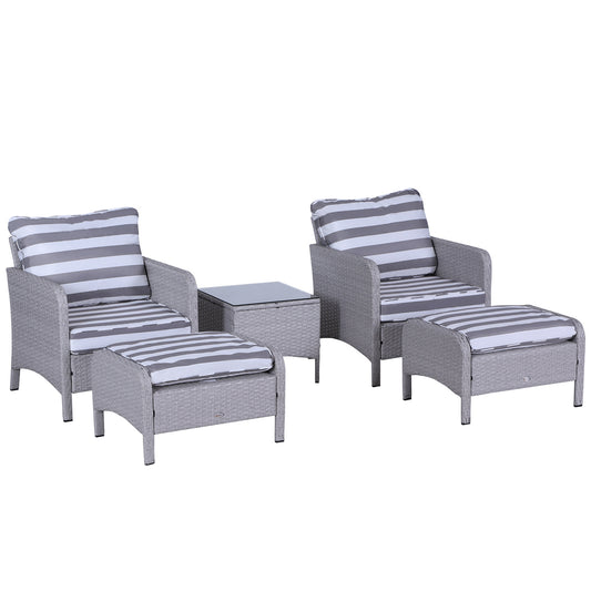 Photo of Outsunny 5 Pieces PE Rattan Garden Furniture Set with 10cm Thick Padded Cushions, Wicker Weave Outdoor Seating Chairs with 2 Armchairs, 2 Stools, Glass Top Table, Grey and White in White colour on a white background