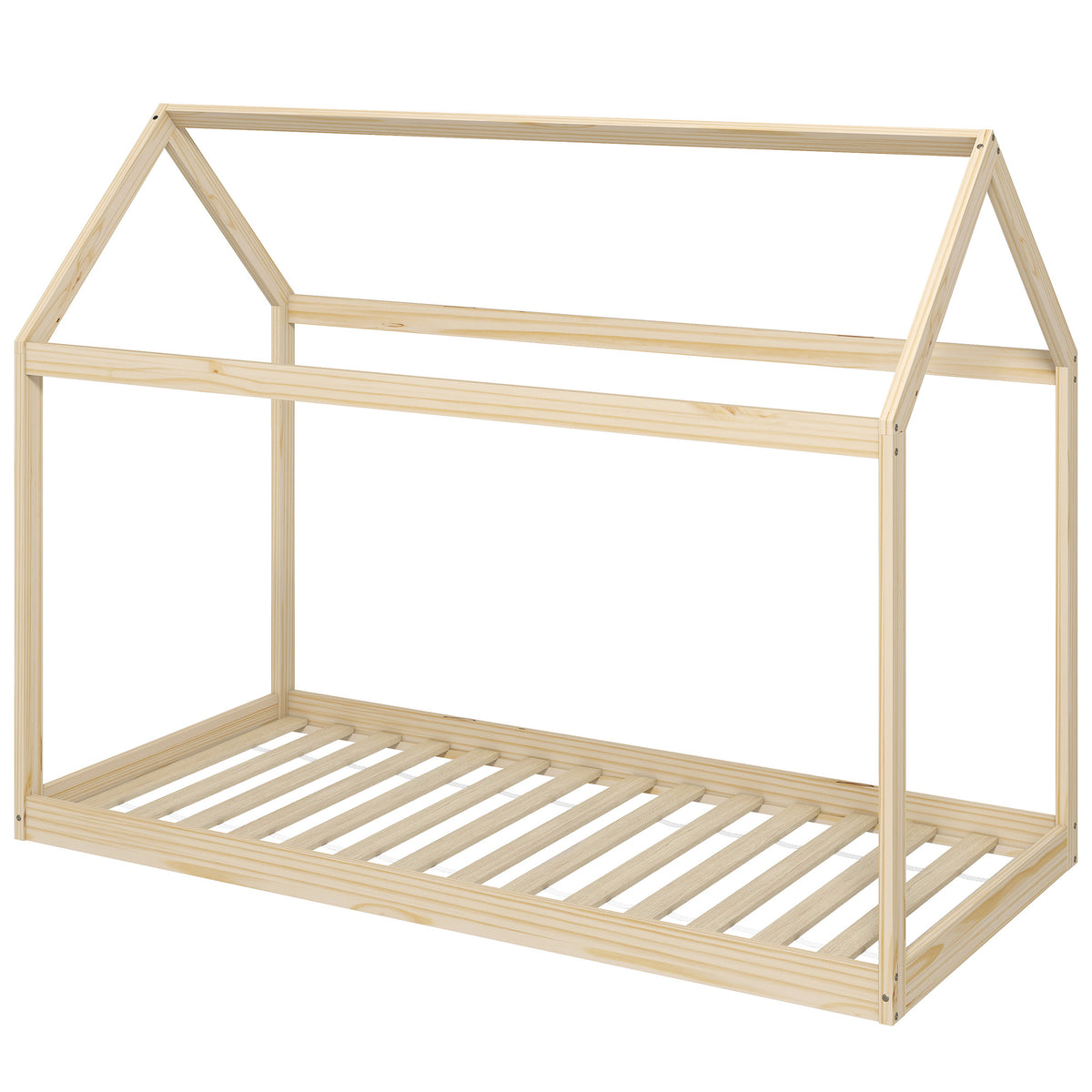Photo of HOMCOM Single Bed Frame, House Scandinavian Wooden Bed Frame for 90W x 190Dcm Mattress, Pine Wood Bed Base, Natural Wood Finish in Finish colour on a white background