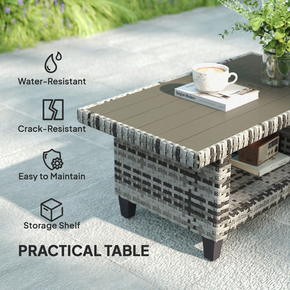 Rattan coffee table with slatted top and lower storage shelf