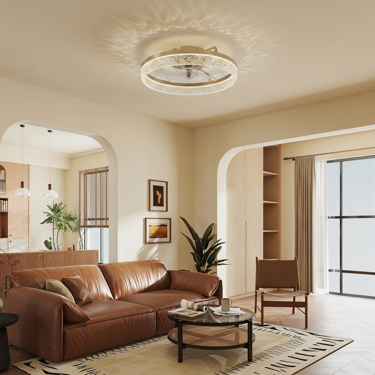 HOMCOM Ceiling Fan with Lights, Dimmable LED Mount Ceiling Fan Light with Remote App Control for Bedroom, Gold Tone