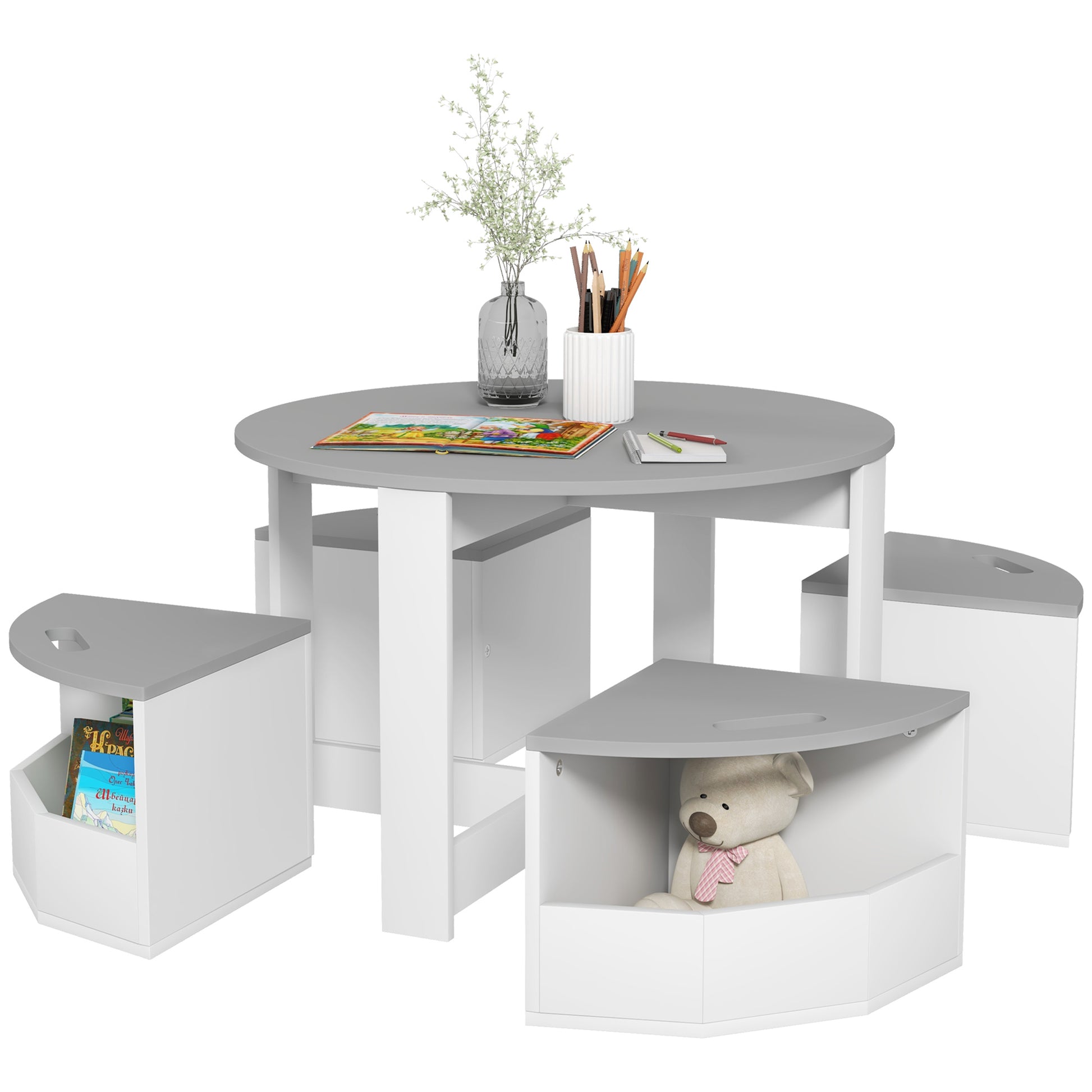 Photo of AIYAPLAY Five-Piece Kids Table and Chairs Set with Storage, for Ages 3-8 Years, Grey in Grey colour on a white background