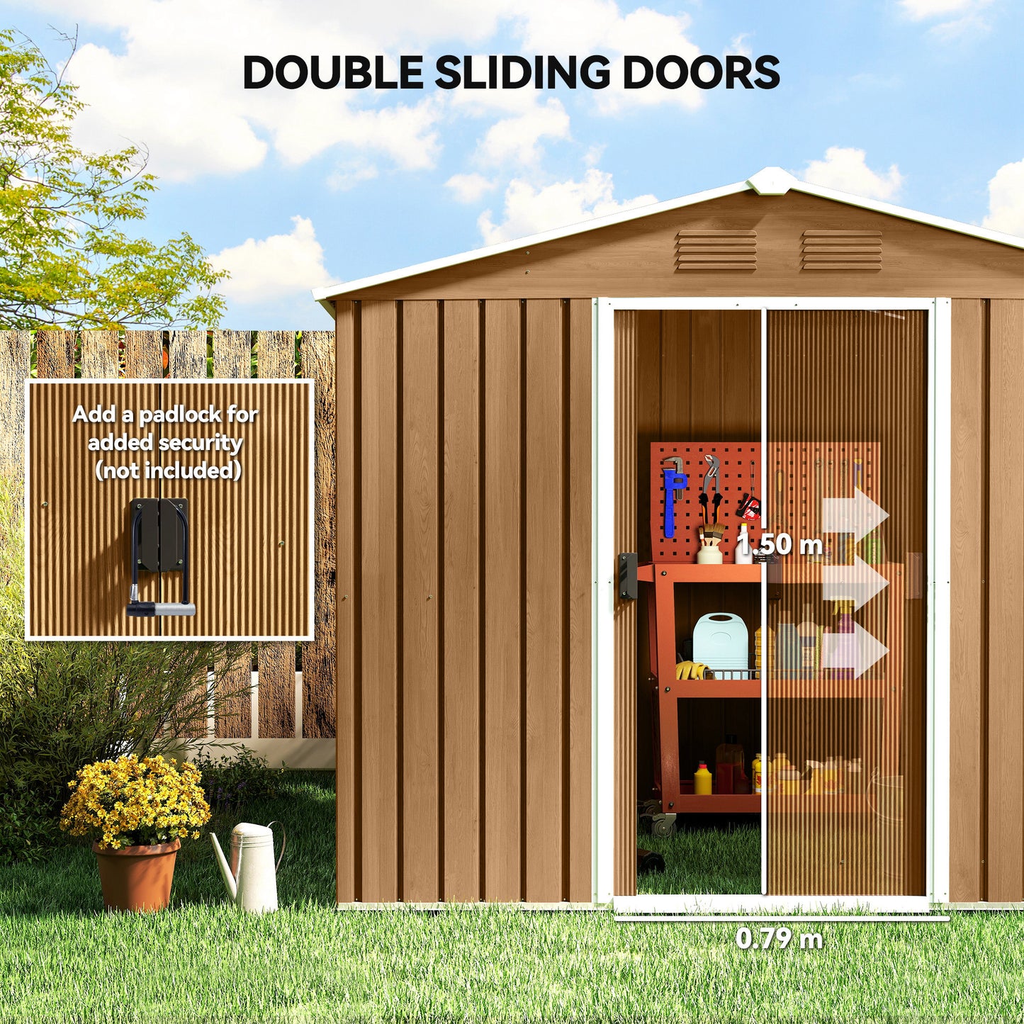 Outsunny 8 x 6ft Galvanised Steel Shed, with Double Door - Brown