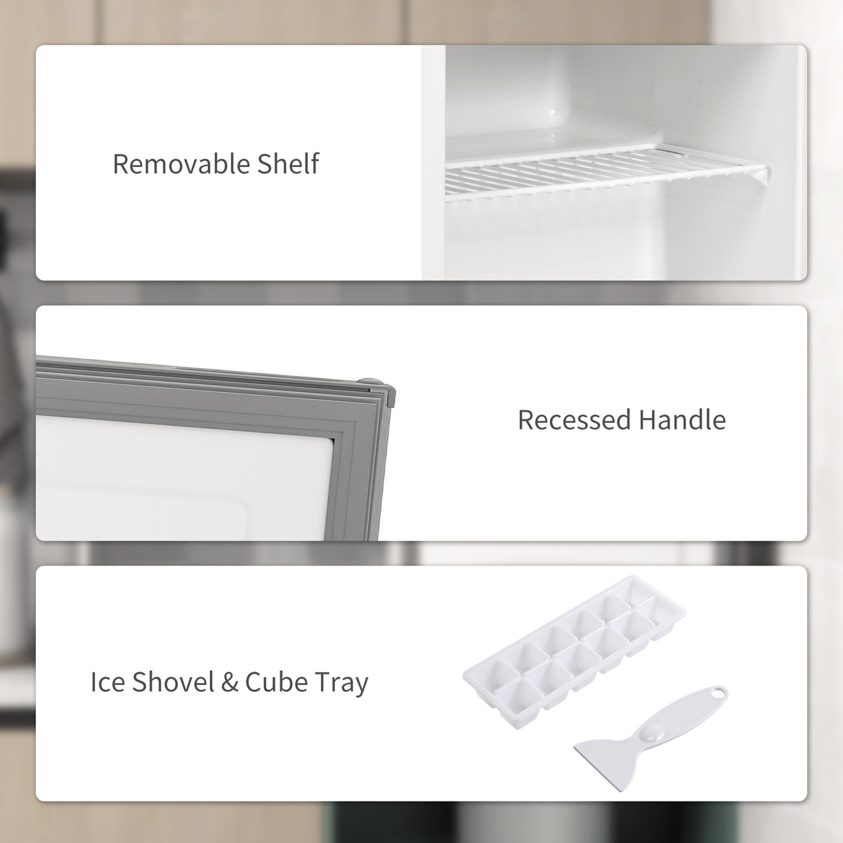 HOMCOM mini freezer features a removable shelf and recessed handle; ice tray and shovel included