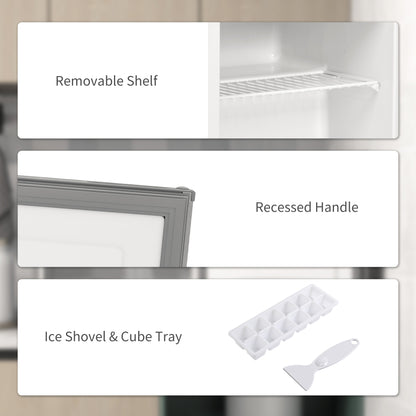 HOMCOM mini freezer features a removable shelf and recessed handle; ice tray and shovel included