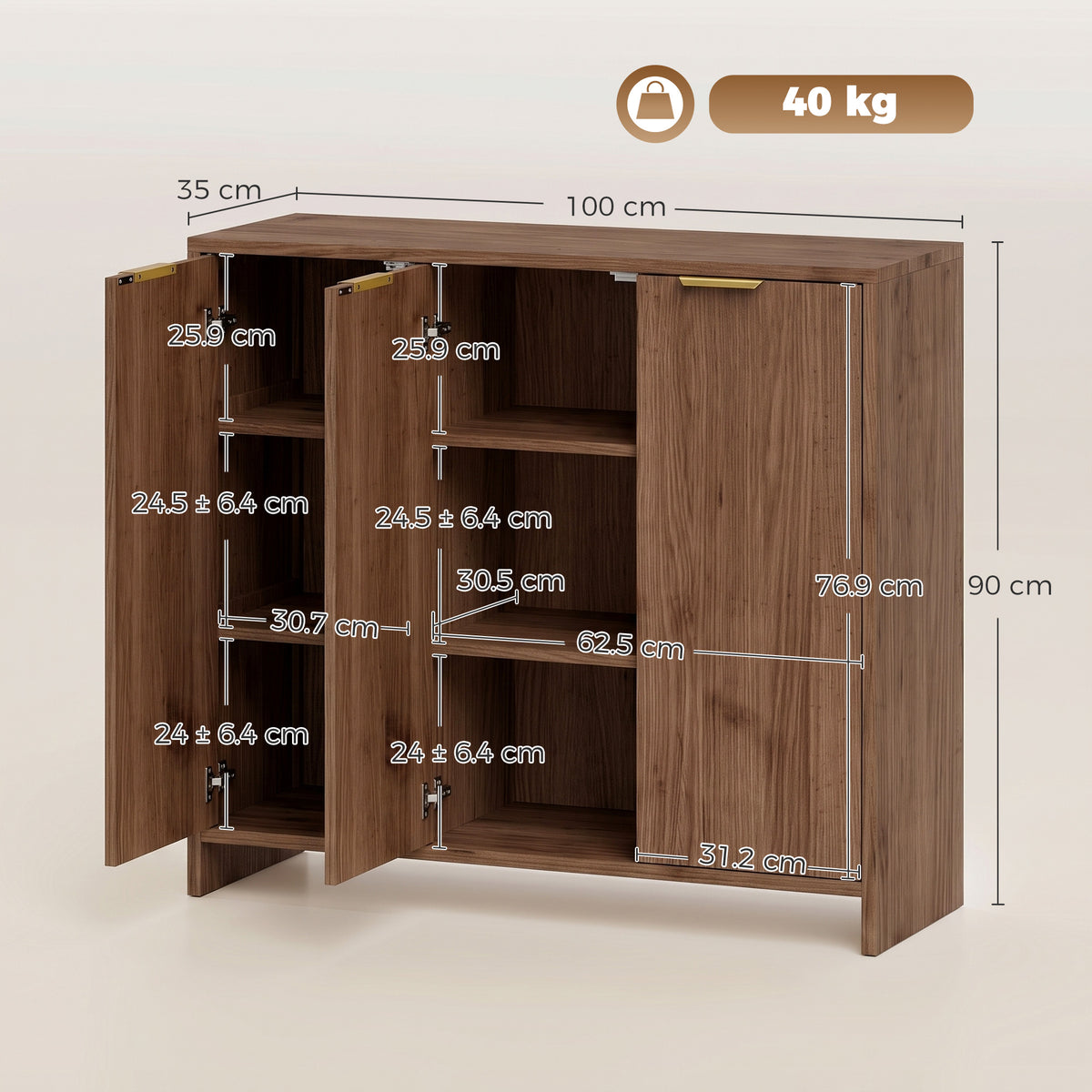 HOMCOM Sideboard Cabinet, Modern Storage Cabinet with 3 Doors and Adjustable Shelves for Living Room, Dining Room, Brown