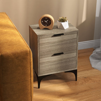 Two-drawer wood-effect bedside table with black legs beside a bed