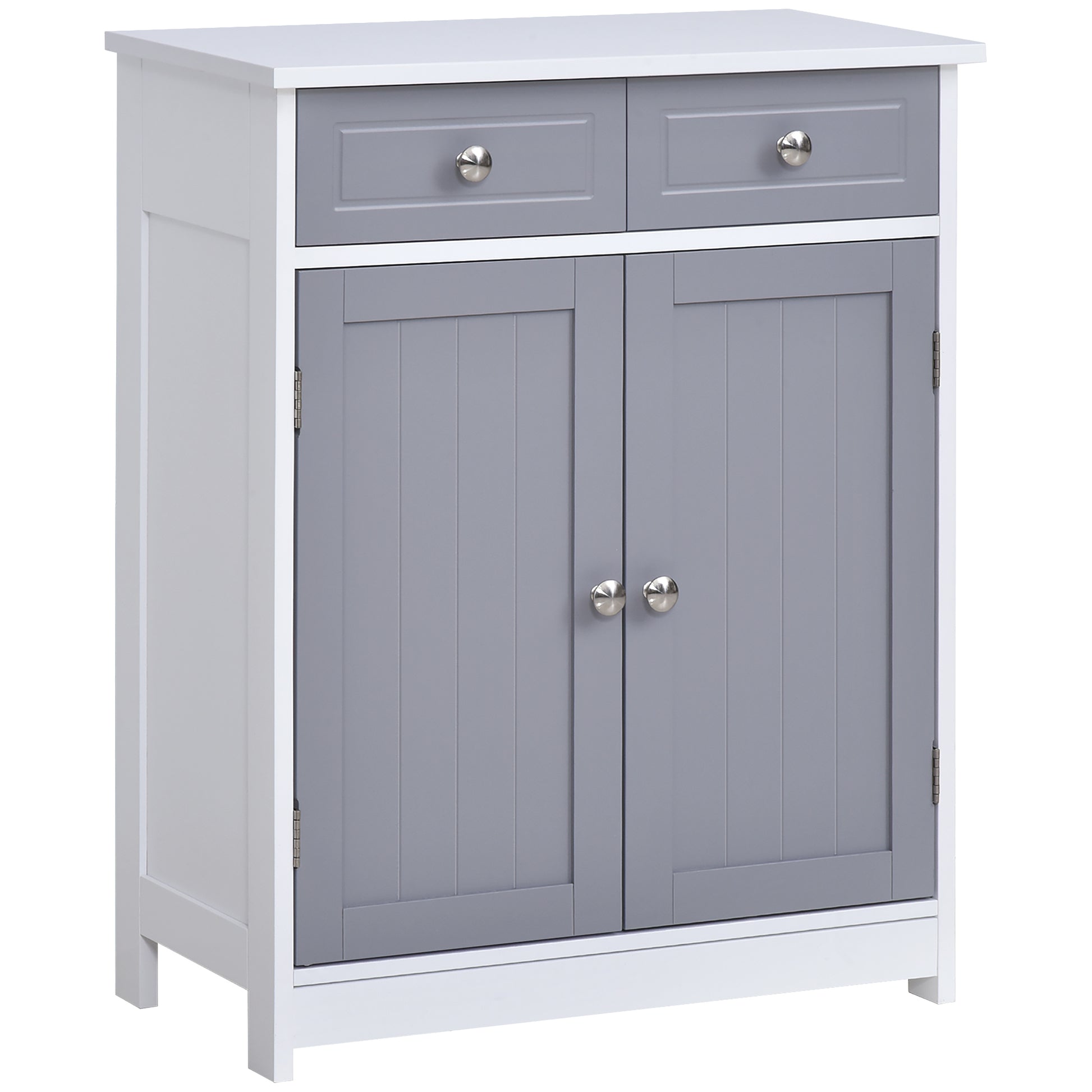 Photo of kleankin 75x60cm Freestanding Bathroom Storage Cabinet Unit w/ 2 Drawers Cupboard Adjustable Shelf Metal Handles Traditional Style Grey White in White colour on a white background