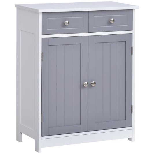 Photo of kleankin 75x60cm Freestanding Bathroom Storage Cabinet Unit w/ 2 Drawers Cupboard Adjustable Shelf Metal Handles Traditional Style Grey White in White colour on a white background