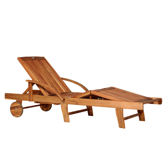 Photo of Outsunny Folding Wooden Sun Lounger, 4-Level Adjustable Garden Lounger Recliner with Side Tray and Wheels, Outdoor Reclining Sunbed with Slatted Seat and Armrests for Patio, Terrace, Teak in Teak colour on a white background