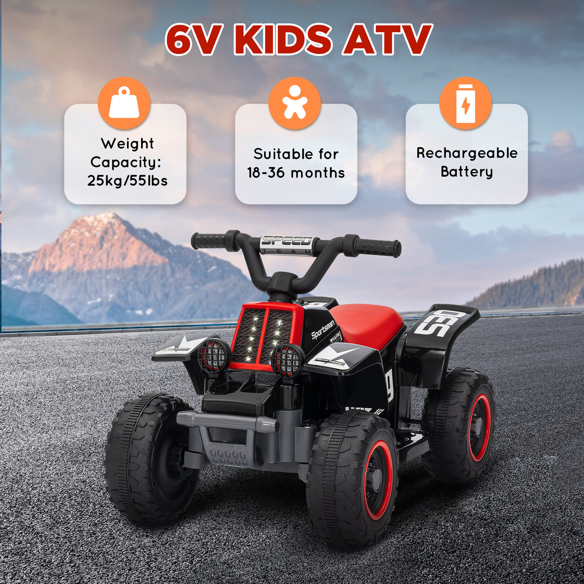 AIYAPLAY 6V kids' quad bike with red seat, rechargeable battery, and 25 kg weight capacity