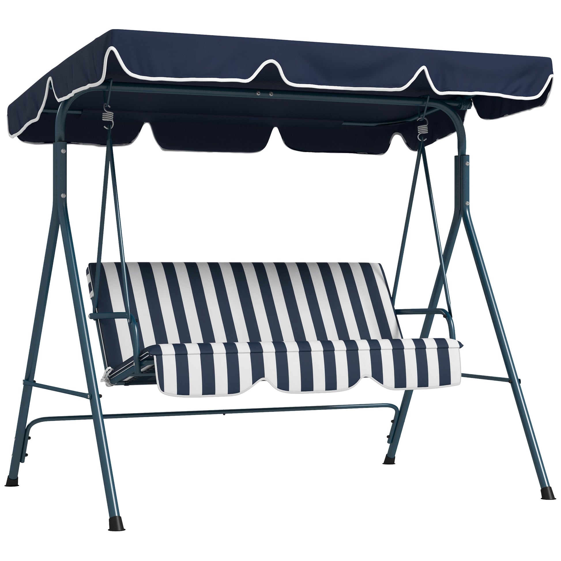 Photo of Outsunny 3 Seater Garden Swing Chair, Outdoor Swing Chair with Adjustable Canopy, Mental Frame & Cushions, Blue in Blue colour on a white background
