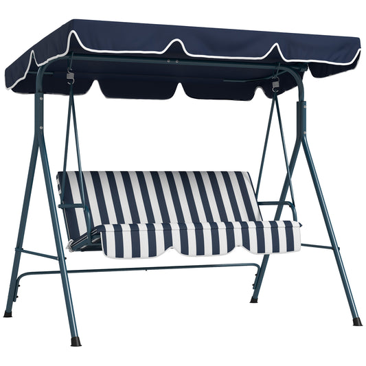 Photo of Outsunny 3 Seater Garden Swing Chair, Outdoor Swing Chair with Adjustable Canopy, Mental Frame & Cushions, Blue in Blue colour on a white background