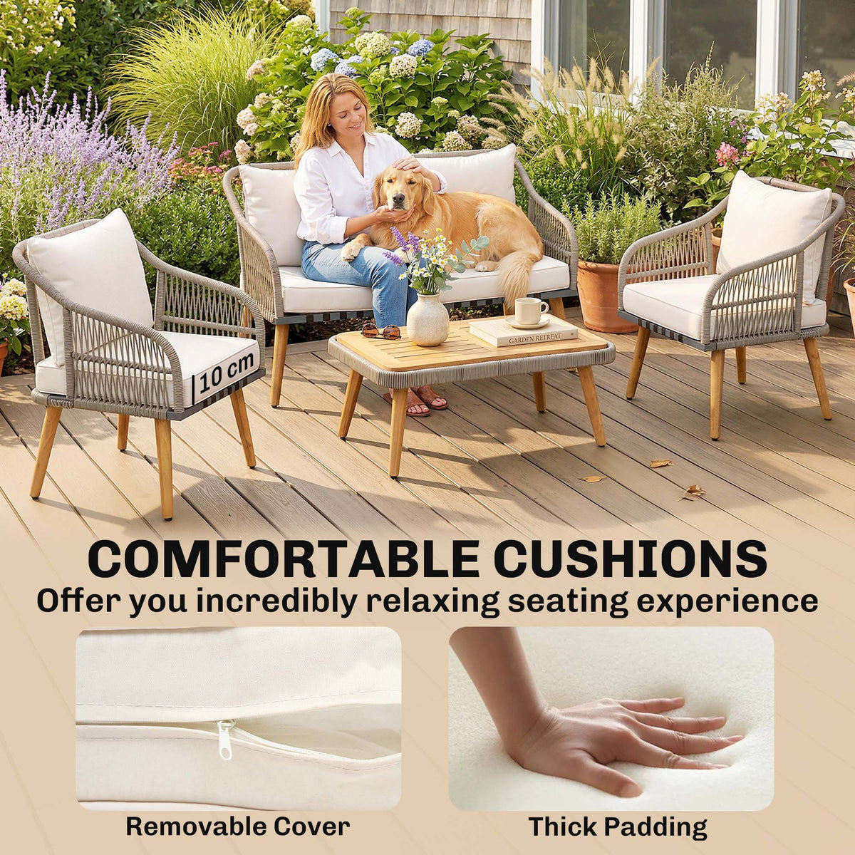 Rattan patio set with thick cream cushions and a removable cushion cover