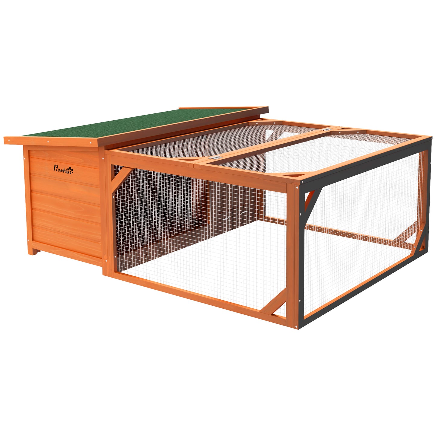 Photo of PawHut Rabbit Hutch Outdoor Guinea Pig Hutch with Run Small Animal Off-ground Duck House Hideaway Garden with Openable Roof 125.5 x 100 x 49cm Orange in Orange colour on a white background