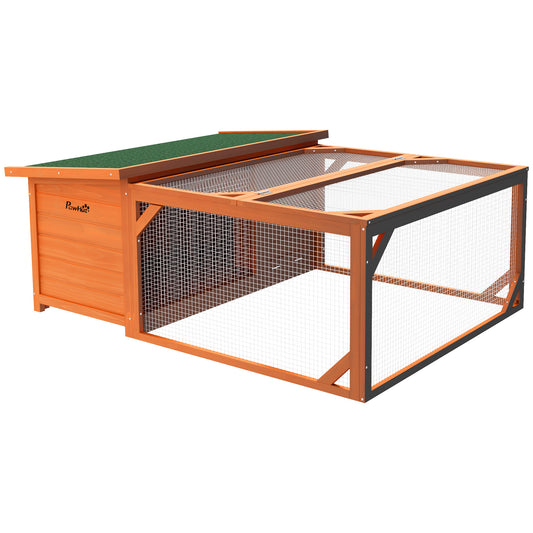 Photo of PawHut Rabbit Hutch Outdoor Guinea Pig Hutch with Run Small Animal Off-ground Duck House Hideaway Garden with Openable Roof 125.5 x 100 x 49cm Orange in Orange colour on a white background