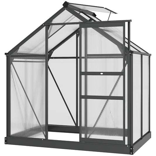 Photo of Outsunny 6 x 4ft Polycarbonate Greenhouse, Large Walk-In Green House with Slide Door and Window, Garden Plants Grow House with Aluminium Frame and Foundation, Grey in Grey colour on a white background