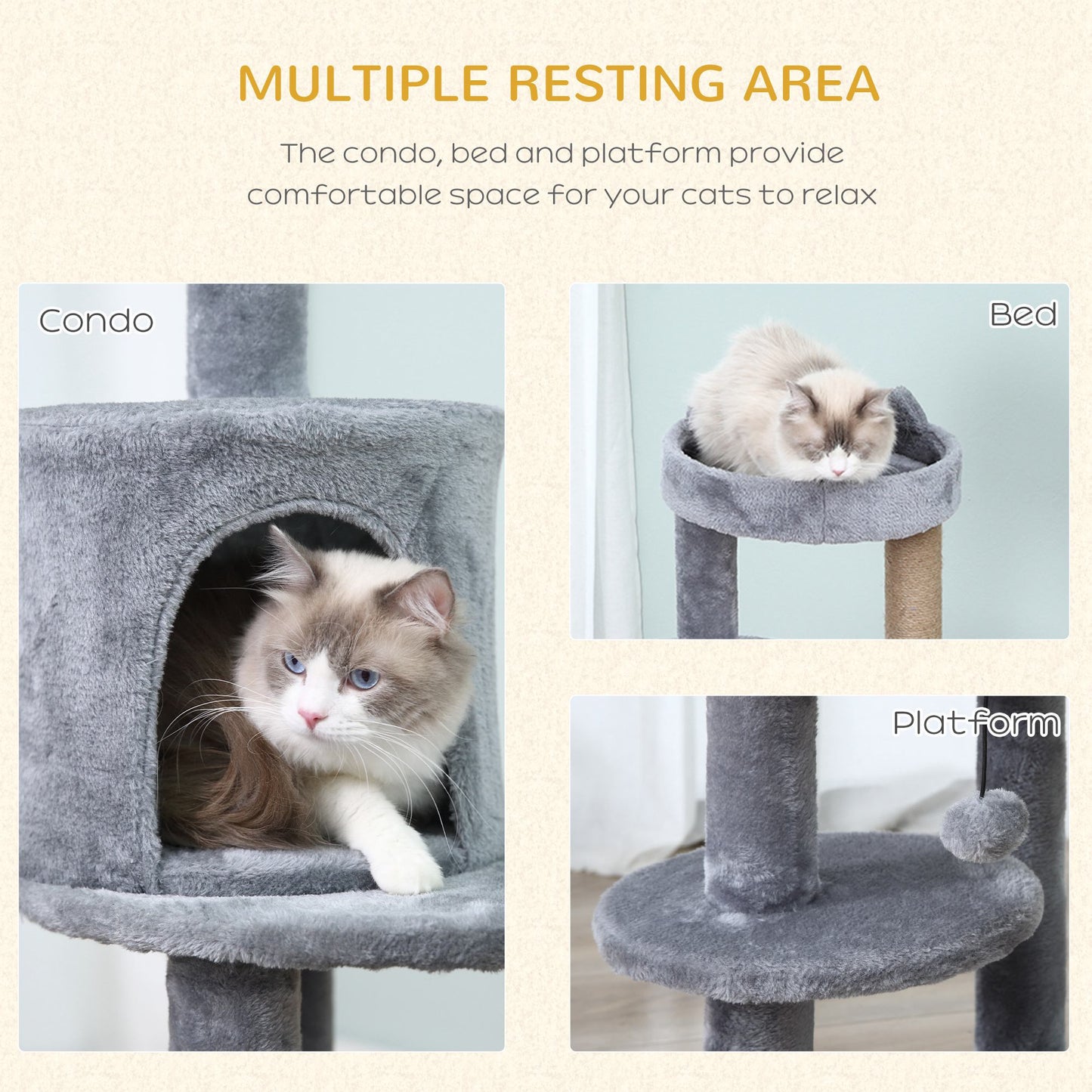 PawHut 104 cm Cat Tree, Cat Condo Tree Tower, Cat Activity Centre with Scratching Posts, Plush Perches, Hanging Ball - Grey
