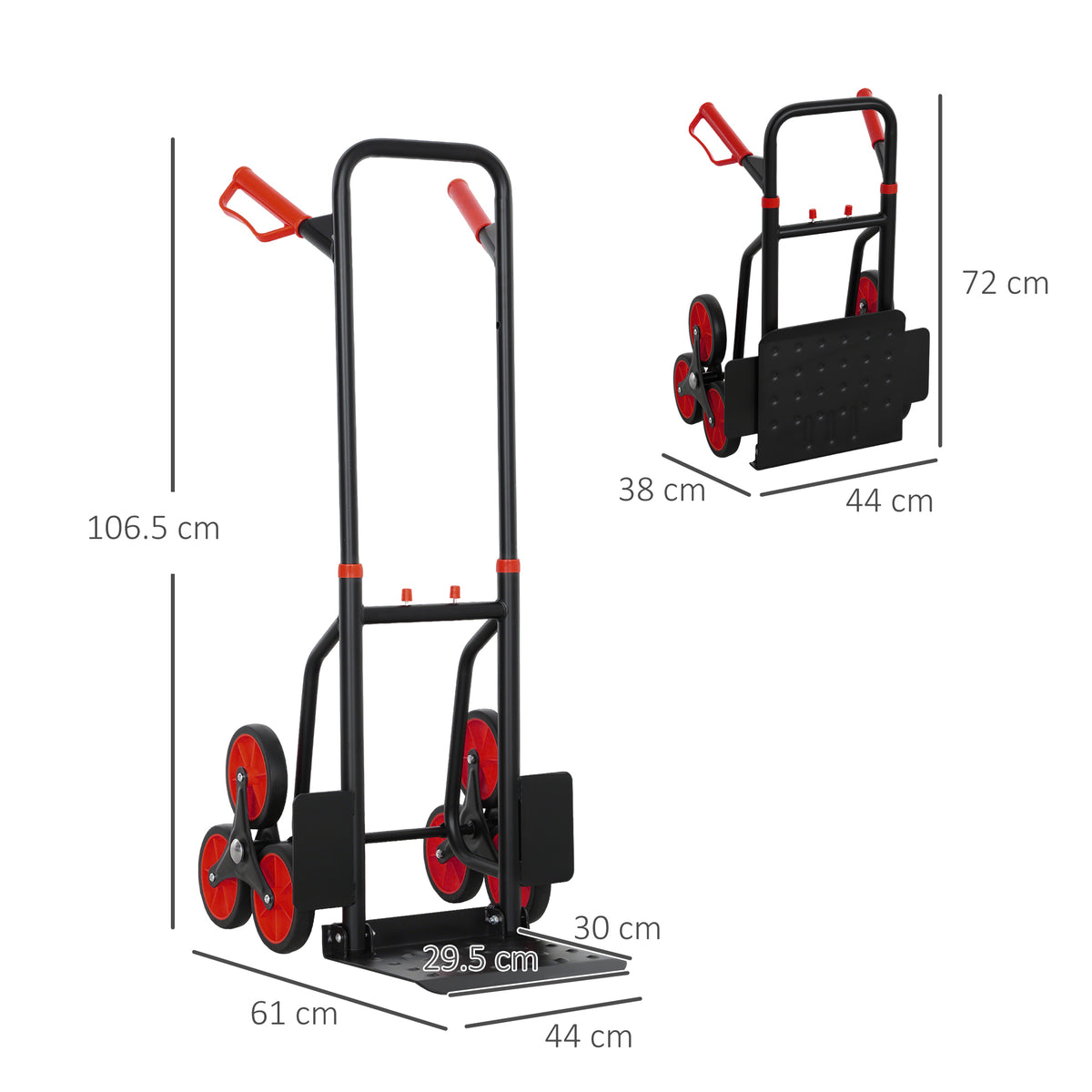 DURHAND hand truck shown with dimensions, extended and folded for storage