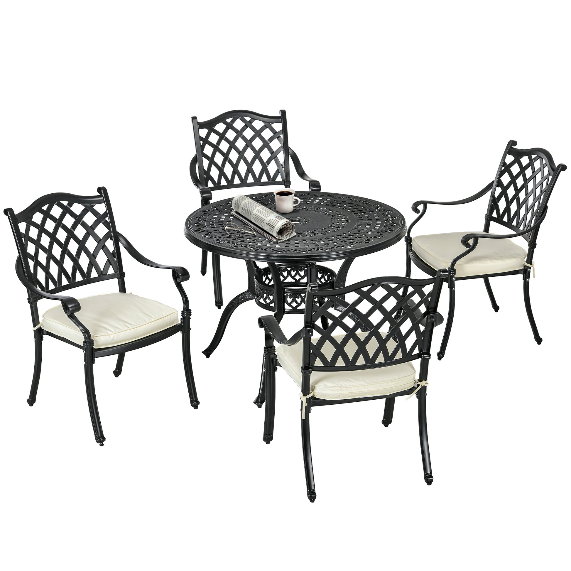 Photo of Outsunny Cast Aluminium 4 Seater Outdoor Dining Set with Cushions Parasol Hole Black in Black colour on a white background