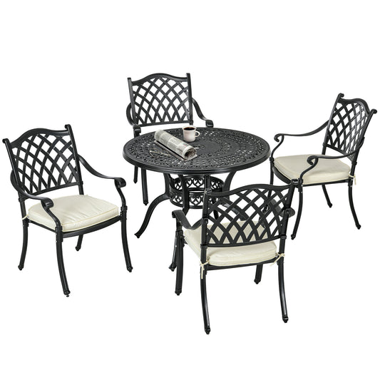 Photo of Outsunny Cast Aluminium 4 Seater Outdoor Dining Set with Cushions Parasol Hole Black in Black colour on a white background