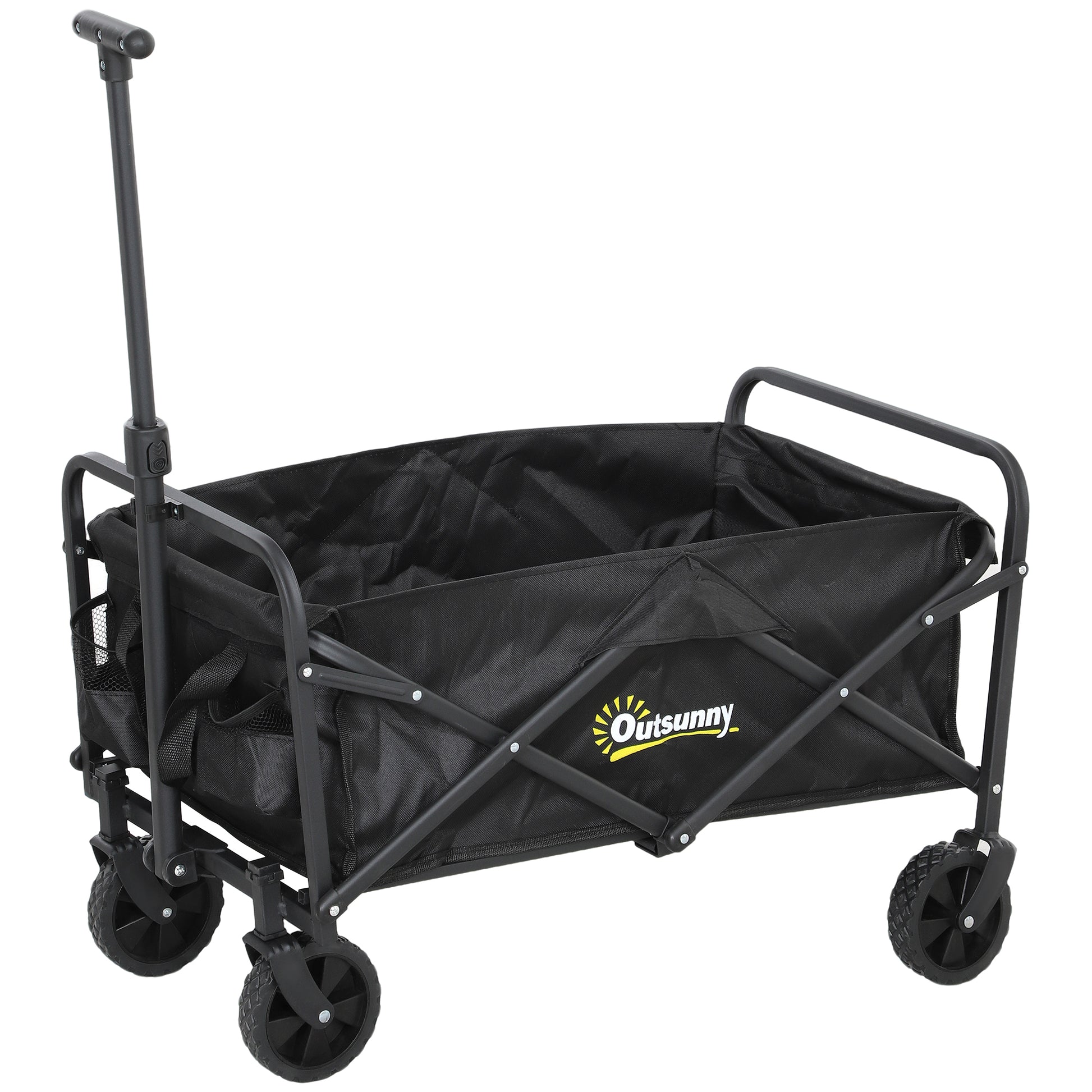 Photo of Outsunny 93L Festival Trolley on Wheels, Garden Folding Trolley Cart, 120kg Heavy Duty Collapsible Folding Wagon with Adjustable Handle and Carrying Bag for Beach, Camping, Festival, Black in Black colour on a white background
