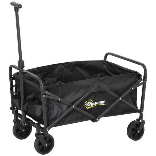Photo of Outsunny 93L Festival Trolley on Wheels, Garden Folding Trolley Cart, 120kg Heavy Duty Collapsible Folding Wagon with Adjustable Handle and Carrying Bag for Beach, Camping, Festival, Black in Black colour on a white background