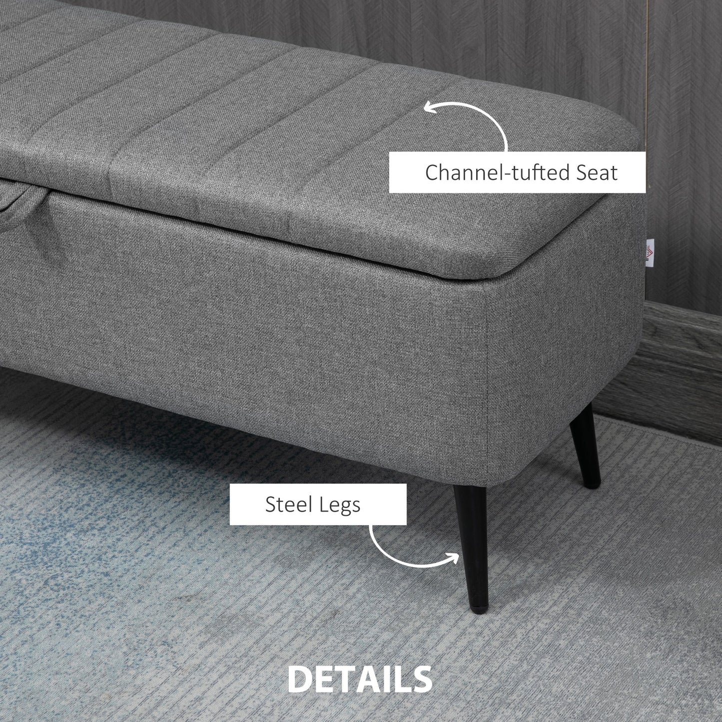 HOMCOM Storage Ottoman with Flip Top, Rectangular Upholstered Bench, Linen Look Fabric Footstool with Steel Legs for Living Room, Bedroom, Grey