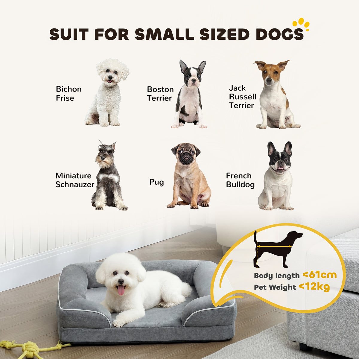 PawHut Dog Sofa Bed, Washable Pet Bed with Removable Cover and Non-Slip Bottom for Cats and Small Dogs, Grey