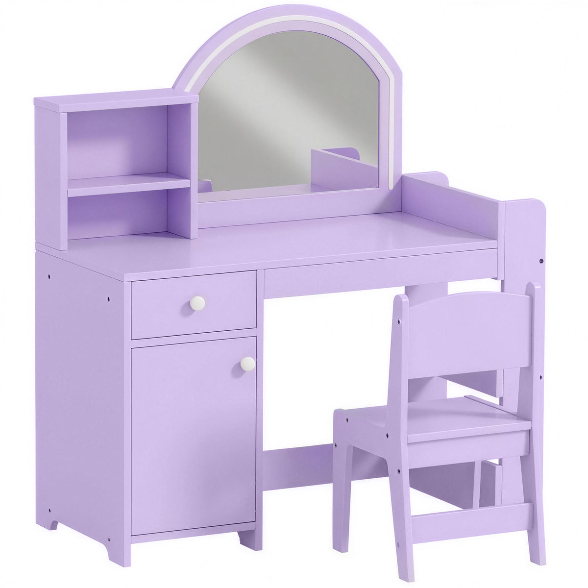 Photo of AIYAPLAY Kids Vanity Table and Chair Set, Girls Dressing Table with 2-Colour LED Mirror, Stool, Cabinet, Drawer, Shelves, Purple in Purple colour on a white background