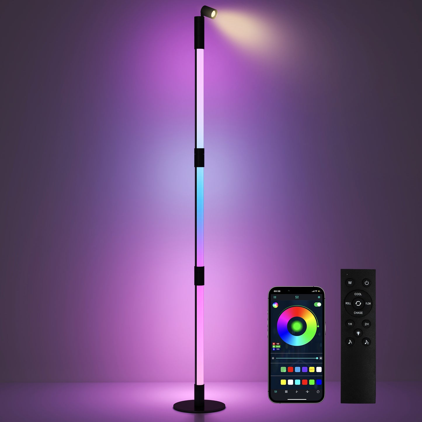 Photo of HOMCOM LED Floor Lamp with Reading Light, 360° RGB Detachable Corner Floor Lamp with App & Remote Control, Standing Lamp with Music Sync & Timing, for Living Room, Game Room, Dark Grey in Grey colour on a white background
