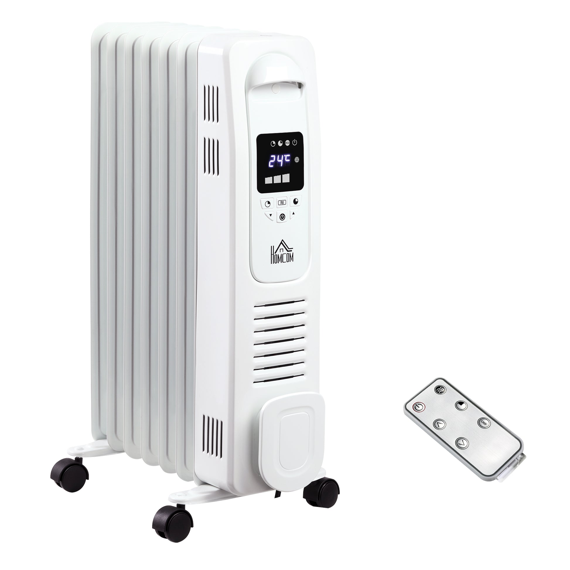 Photo of HOMCOM 1500W Digital Oil Filled Radiator, 7 Fin, Portable Electric Heater with LED Display, 24-Hour Timer, 3 Heat Settings, Safety Cut-Off and Remote Control, White in White colour on a white background