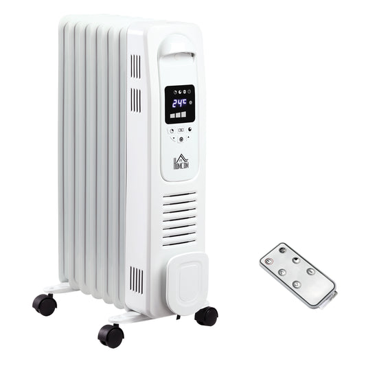 Photo of HOMCOM 1500W Digital Oil Filled Radiator, 7 Fin, Portable Electric Heater with LED Display, 24-Hour Timer, 3 Heat Settings, Safety Cut-Off and Remote Control, White in White colour on a white background