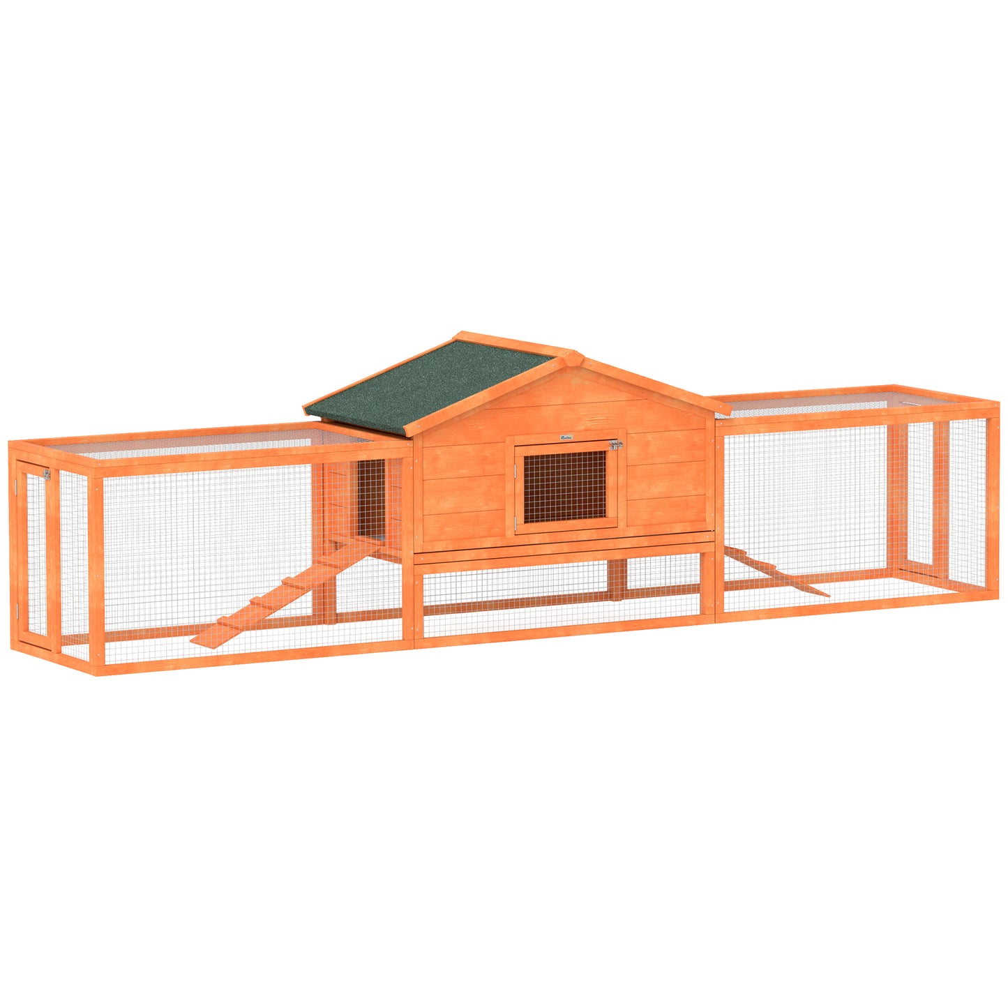 Photo of PawHut Wooden Rabbit Hutch with Run, Tray, Ramps, Asphalt Roof, 309 x 70 x 87cm, Orange in Orange colour on a white background