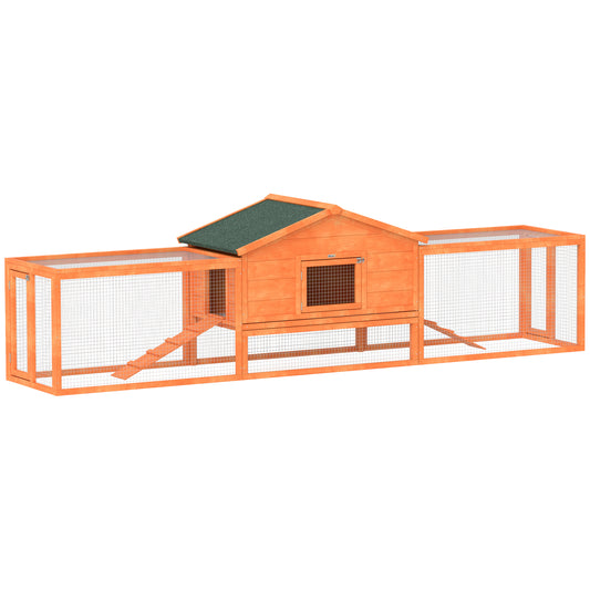 Photo of PawHut Wooden Rabbit Hutch with Run, Tray, Ramps, Asphalt Roof, 309 x 70 x 87cm, Orange in Orange colour on a white background