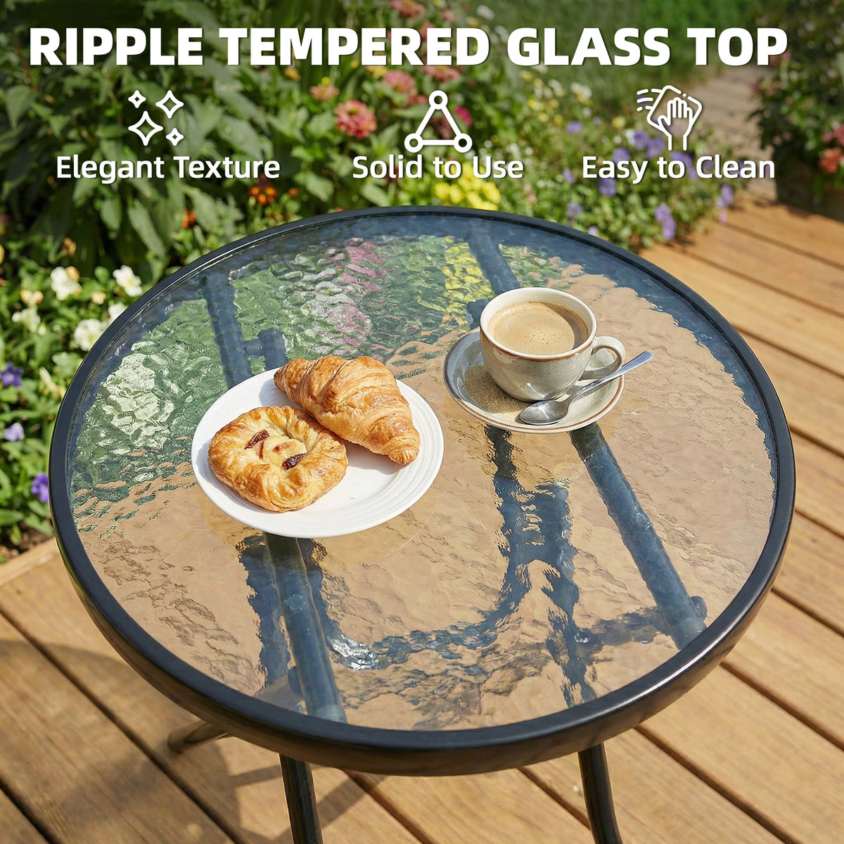 Outsunny Foldable Garden Side Table, Round Folding Table with Glass Tabletop and Safety Buckle for Patio, Garden, Outdoor, Indoor, Black