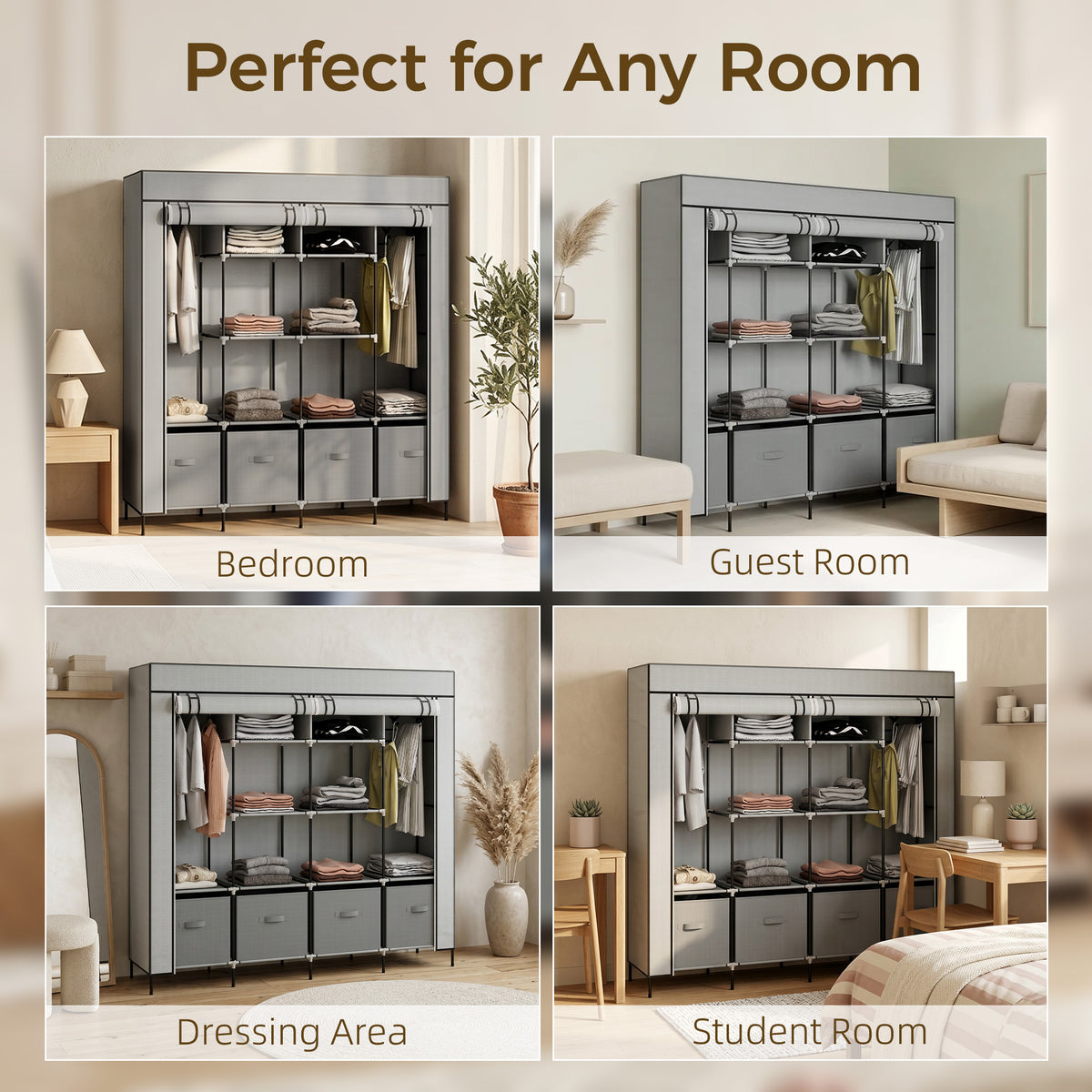 Dark gray fabric wardrobe shown in four room settings