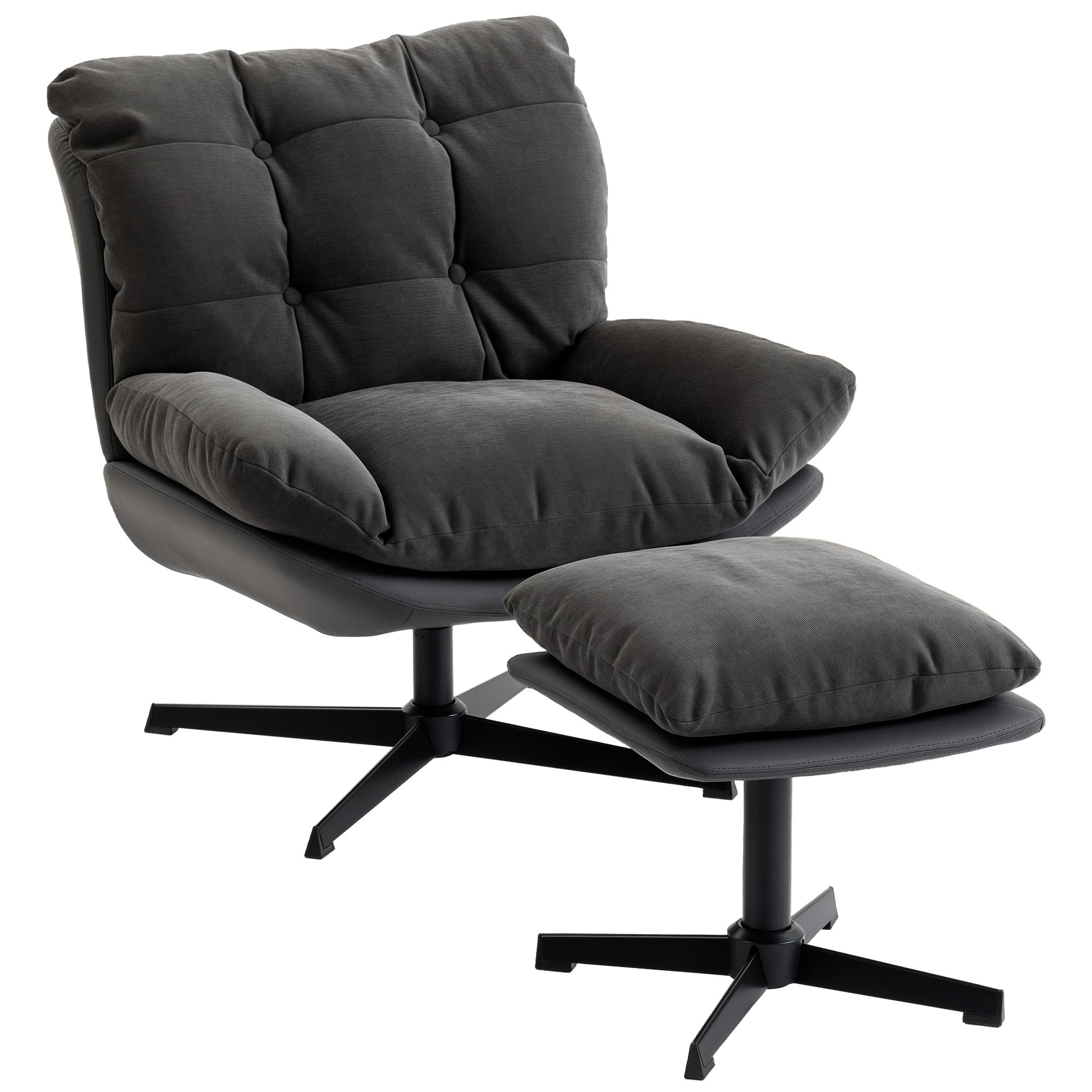 Photo of HOMCOM Accent Chair with Footstool, Swivel Lounge Chair with Chenille Upholstery, Metal Base, Dark Grey in Grey colour on a white background