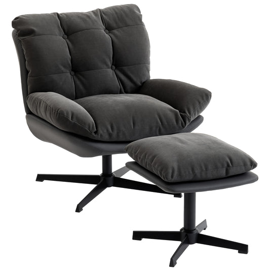 Photo of HOMCOM Accent Chair with Footstool, Swivel Lounge Chair with Chenille Upholstery, Metal Base, Dark Grey in Grey colour on a white background